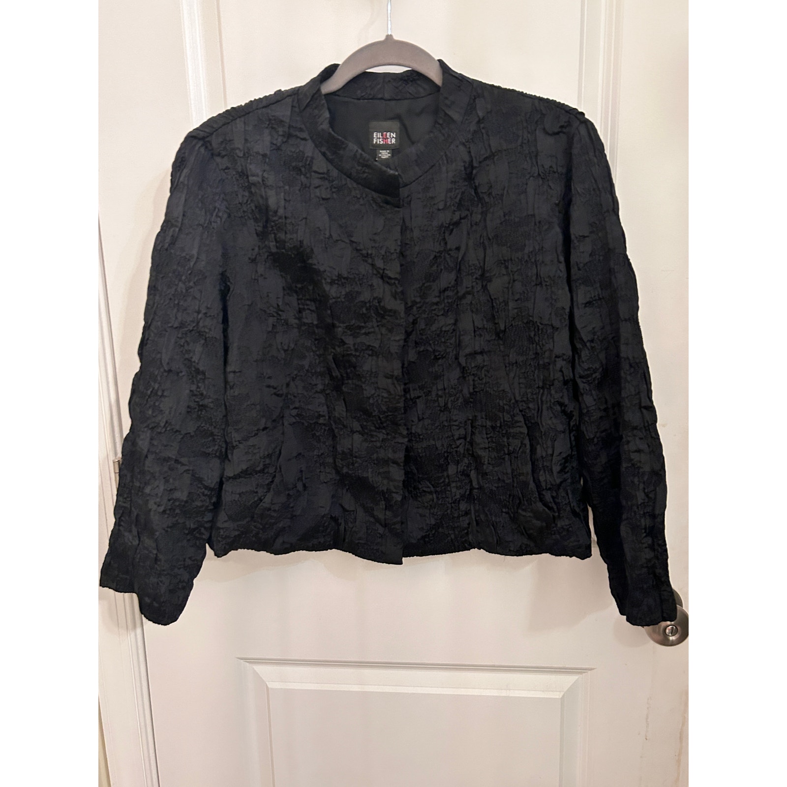 Eileen Fisher Black Metallic Crinkle Snap Close L Wool Silk Blend Jacket Boho